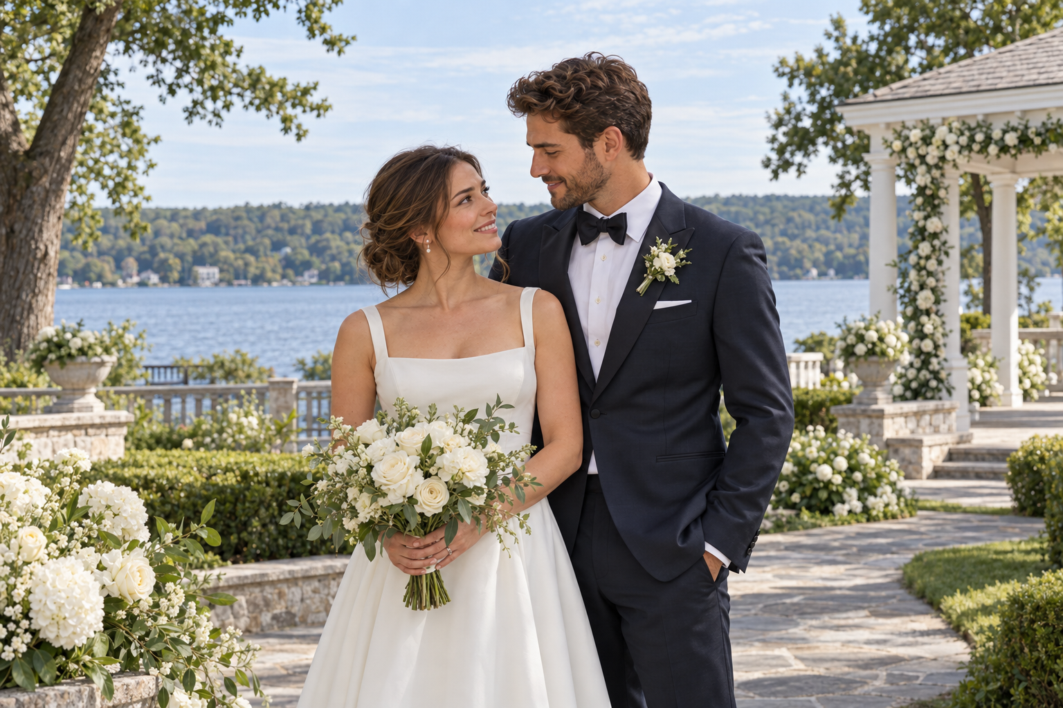 Fictional bride and groom with white flowers beside a lake
